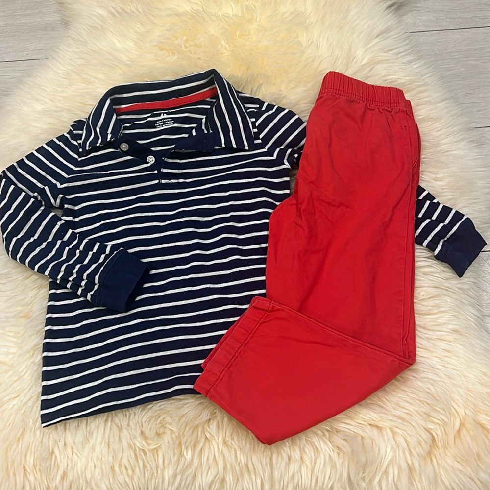 Carter’s Blue & White Striped Long-Sleeve Collar Shirt with Red Pants in Size 4T